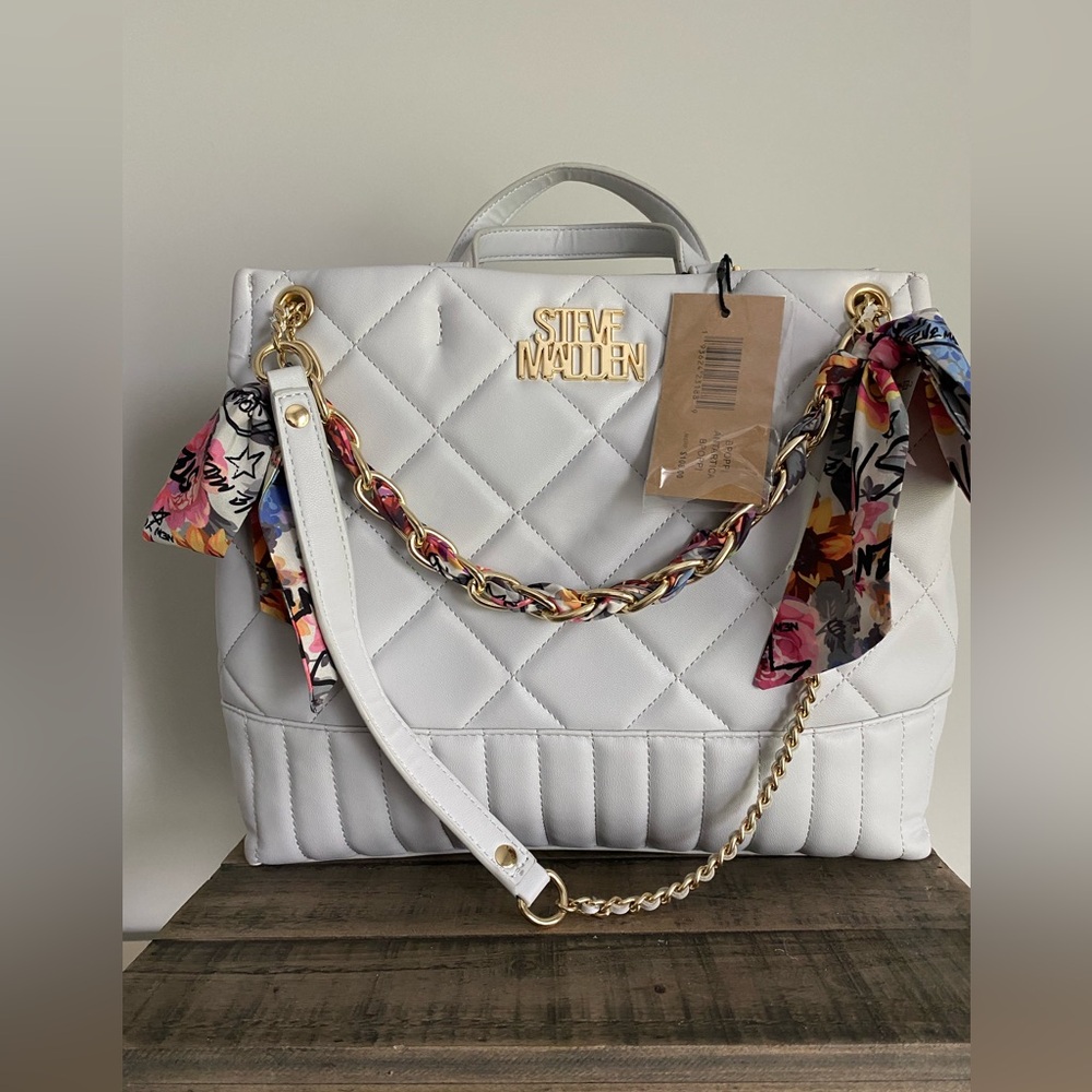 Steve Madden BPOPPI Handbag Women’s Gray With Chain link Strap and scarf Detail